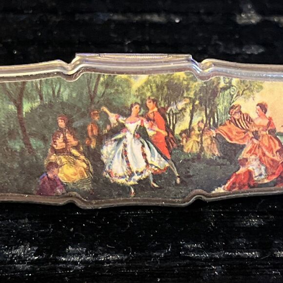 Vintage Victorian Dancing Couple Scene Gold Tone Lipstick Holder Mirror Hinged - Picture 2 of 5